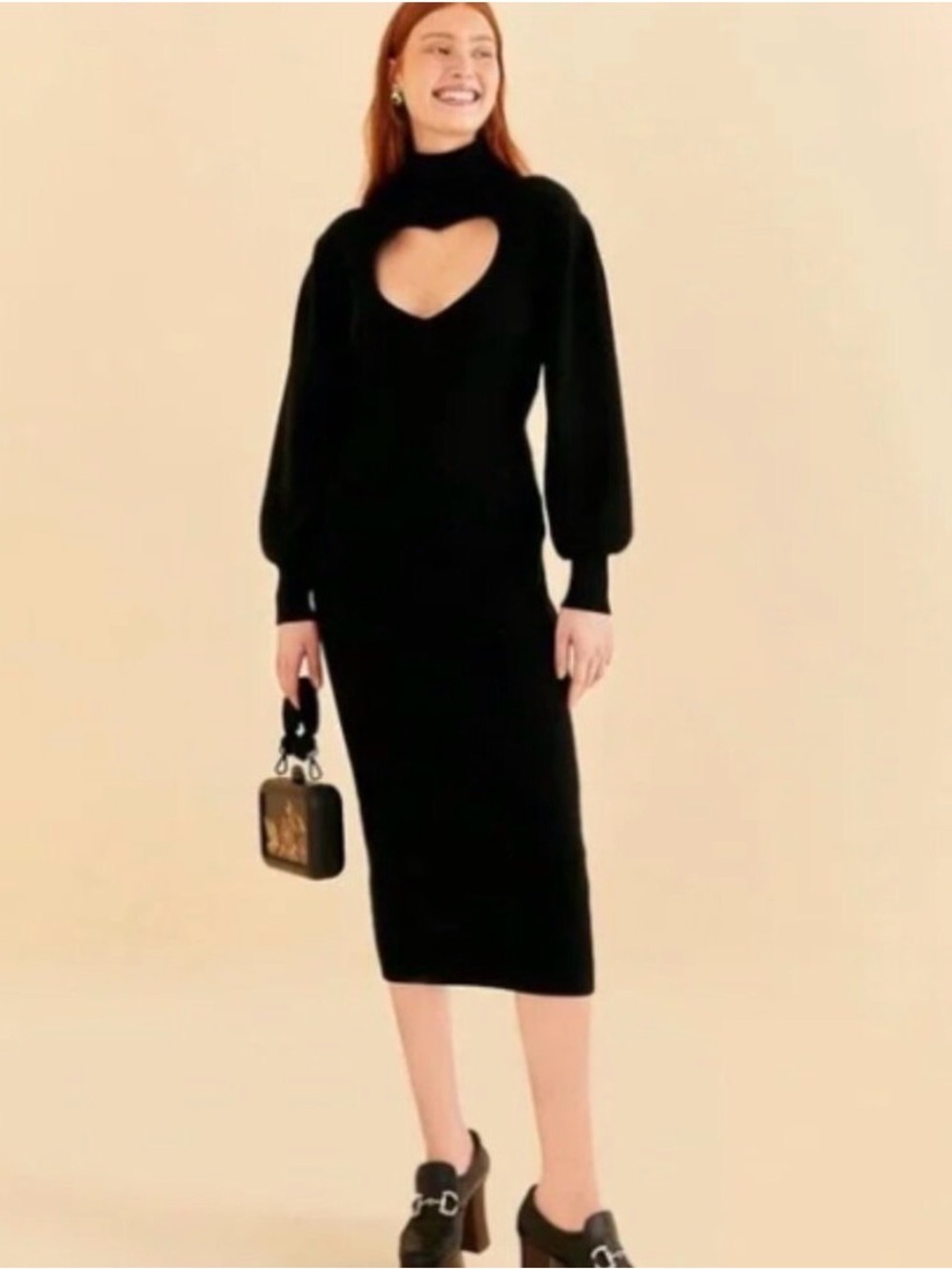 FARM Rio Black Ribbed Maxi Sweater Dress with Heart Cutout